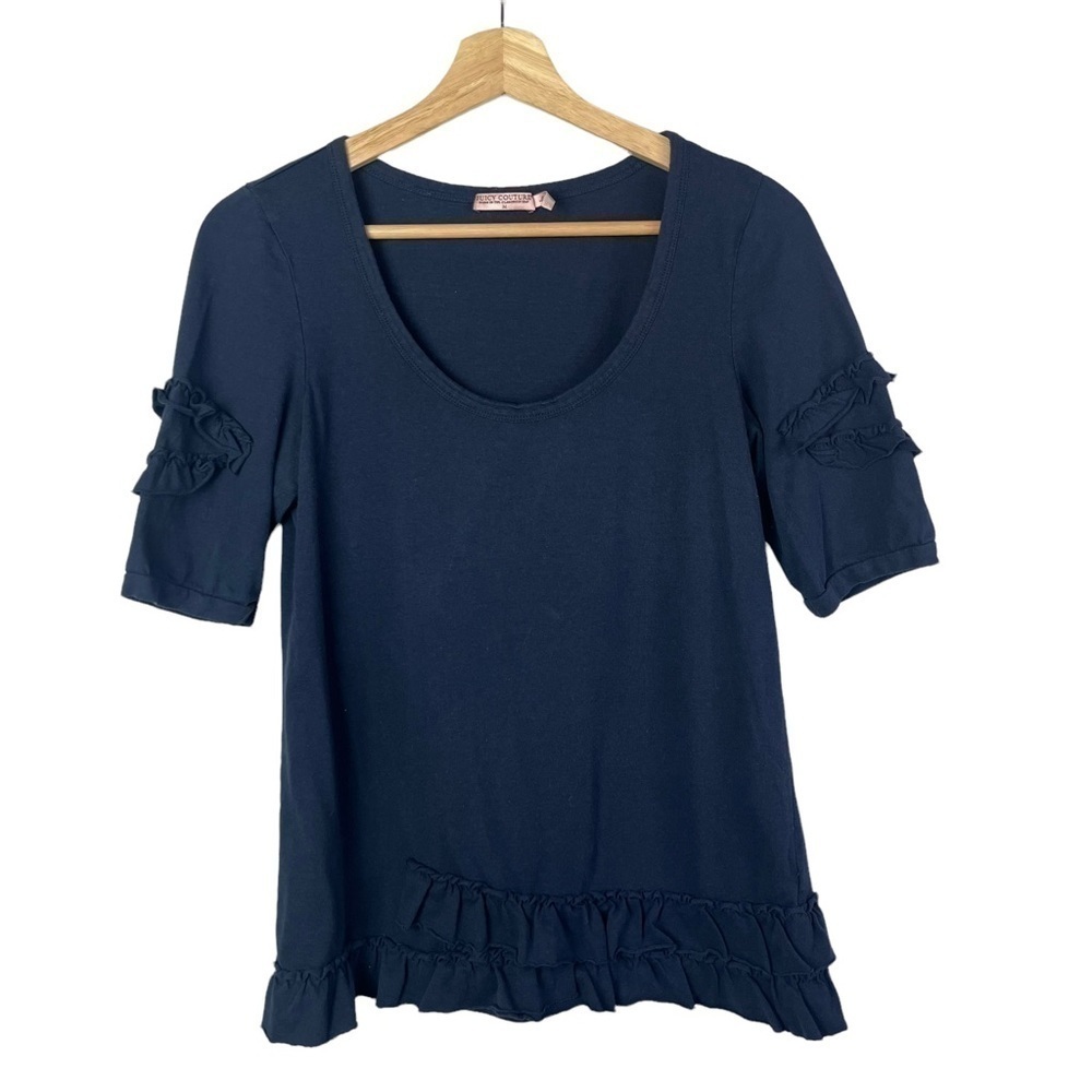 Juicy Couture Navy Blue Ruffled Seams Scoop Neck Short Sleeve M